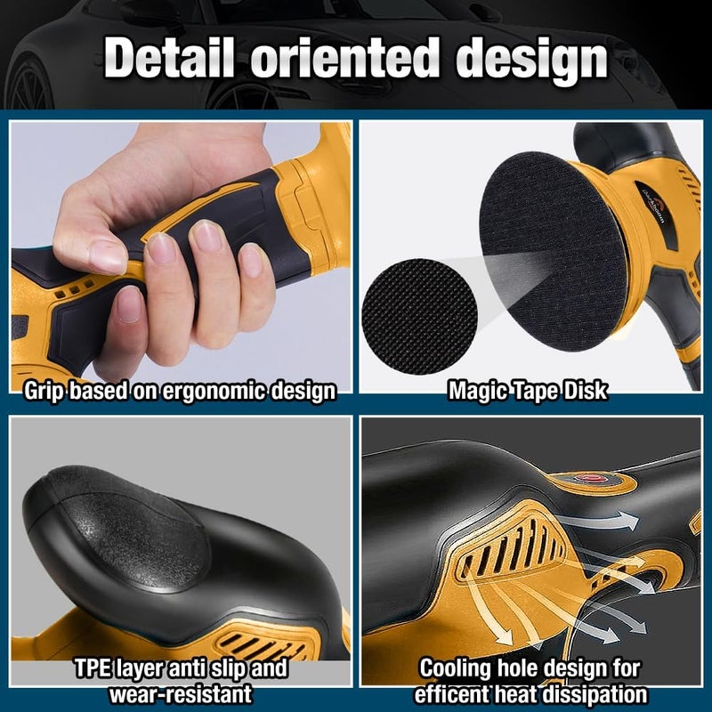 Darkboom Cordless Buffer Polisher 6 inch with 8 discs for polishing, fits Dewalts 20V battery and 6 variable speed from 2200RPM to 5500RPM cordless sander, for Car Detailing/Polishing - Image 4